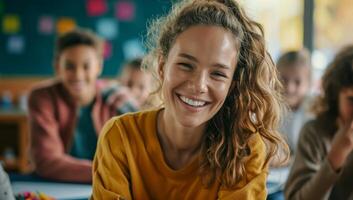 AI generated Engaged teacher interacting with students in vibrant classroom photo