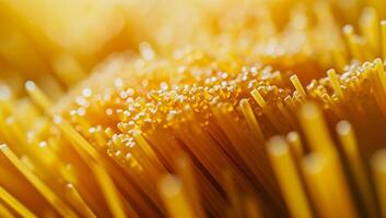 AI generated Closeup of golden spaghetti pasta highlighted by sunlight photo