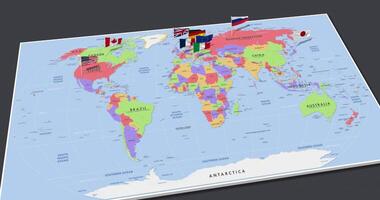 grupo do oito, g8 países bandeira acenando com a 3d mundo mapa, desatado ciclo dentro vento, 3d Renderização video