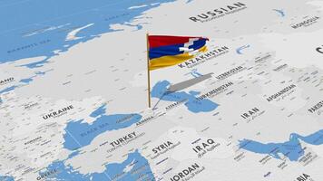 Artsakh Flag Waving with The World Map, Seamless Loop in Wind, 3D Rendering video