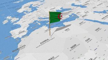 algeria bandiera agitando con il mondo carta geografica, senza soluzione di continuità ciclo continuo nel vento, 3d interpretazione video