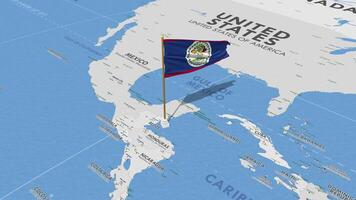 Belize drapeau agitant avec le monde carte, sans couture boucle dans vent, 3d le rendu video