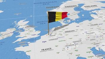 Bélgica bandera ondulación con el mundo mapa, sin costura lazo en viento, 3d representación video