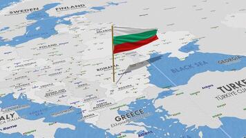 Bulgaria bandiera agitando con il mondo carta geografica, senza soluzione di continuità ciclo continuo nel vento, 3d interpretazione video