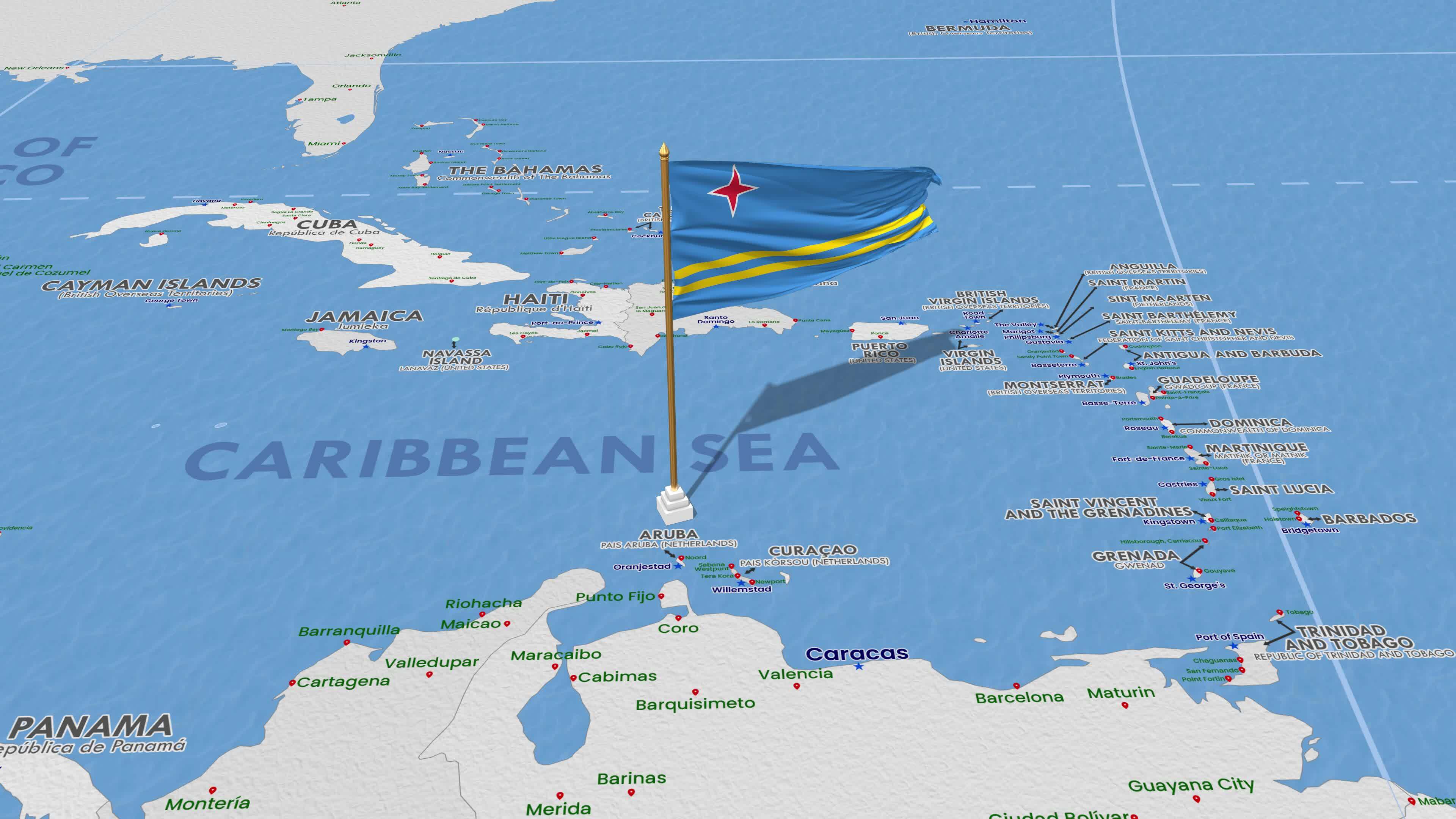 Aruba Flag Waving With The World Map Seamless Loop In Wind 3D Aruba Flag Waving With The World Map Seamless Loop In Wind 3d Rendering Free Video 