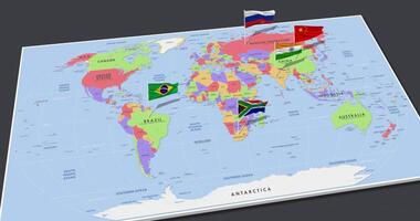 brics países bandeira acenando com a 3d mundo mapa, desatado ciclo dentro vento, 3d Renderização video