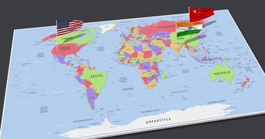 China, Índia e Unidos estados bandeira acenando com a 3d mundo mapa, desatado ciclo dentro vento, 3d Renderização video