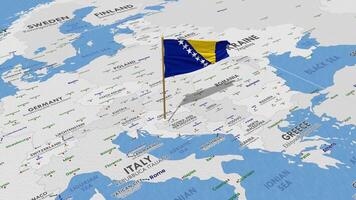 bosnien och herzegovina flagga vinka med de värld Karta, sömlös slinga i vind, 3d tolkning video