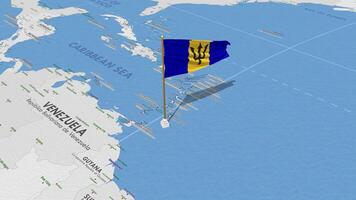 Barbados Flag Waving with The World Map, Seamless Loop in Wind, 3D Rendering video