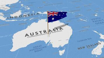 Australia bandera ondulación con el mundo mapa, sin costura lazo en viento, 3d representación video