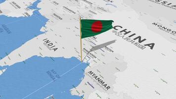 Bangladesh bandera ondulación con el mundo mapa, sin costura lazo en viento, 3d representación video