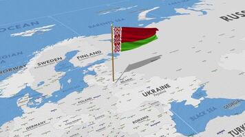 bielorussia bandiera agitando con il mondo carta geografica, senza soluzione di continuità ciclo continuo nel vento, 3d interpretazione video