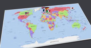 grupo do seis, g6 países bandeira acenando com a 3d mundo mapa, desatado ciclo dentro vento, 3d Renderização video