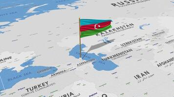 azerbaijan flagga vinka med de värld Karta, sömlös slinga i vind, 3d tolkning video