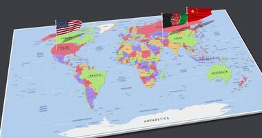 Afeganistão, China e Unidos estados bandeira acenando com a 3d mundo mapa, desatado ciclo dentro vento, 3d Renderização video