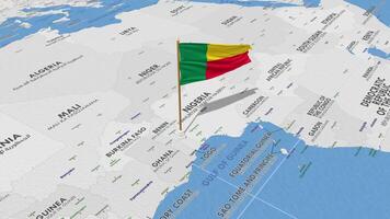 benin bandera ondulación con el mundo mapa, sin costura lazo en viento, 3d representación video