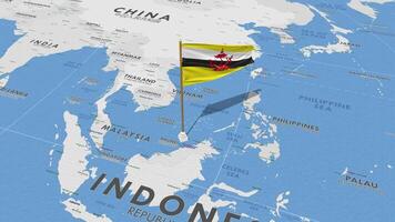 brunei flagga vinka med de värld Karta, sömlös slinga i vind, 3d tolkning video