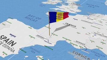 Andorra Flag Waving with The World Map, Seamless Loop in Wind, 3D Rendering video
