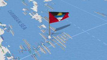 antigua e barbuda bandiera agitando con il mondo carta geografica, senza soluzione di continuità ciclo continuo nel vento, 3d interpretazione video