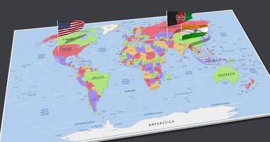 afghanistan, India e unito stati bandiera agitando con il 3d mondo carta geografica, senza soluzione di continuità ciclo continuo nel vento, 3d interpretazione video