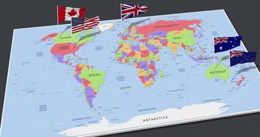 cinco olhos países, muito bem, Austrália, Canadá, Novo zelândia, Unidos reino e Unidos estados bandeira acenando com a 3d mundo mapa, desatado ciclo dentro vento, 3d Renderização video