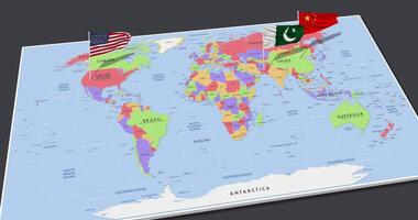 porcelana, Pakistán y unido estados bandera ondulación con el 3d mundo mapa, sin costura lazo en viento, 3d representación video