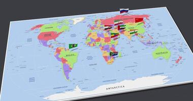 brics países bandeira acenando com a 3d mundo mapa, desatado ciclo dentro vento, 3d Renderização video