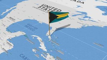 Bahamas drapeau agitant avec le monde carte, sans couture boucle dans vent, 3d le rendu video