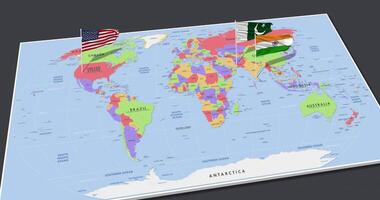 Inde, Pakistan et uni États drapeau agitant avec le 3d monde carte, sans couture boucle dans vent, 3d le rendu video