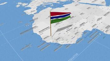 Gambia bandera ondulación con el mundo mapa, sin costura lazo en viento, 3d representación video