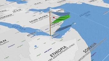 djibouti bandera ondulación con el mundo mapa, sin costura lazo en viento, 3d representación video