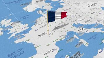 Francia bandera ondulación con el mundo mapa, sin costura lazo en viento, 3d representación video