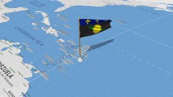 guadalupa bandiera agitando con il mondo carta geografica, senza soluzione di continuità ciclo continuo nel vento, 3d interpretazione video