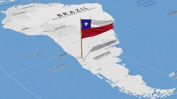 Chile Flag Waving with The World Map, Seamless Loop in Wind, 3D Rendering video