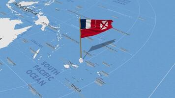 Wallis et futuna drapeau agitant avec le monde carte, sans couture boucle dans vent, 3d le rendu video