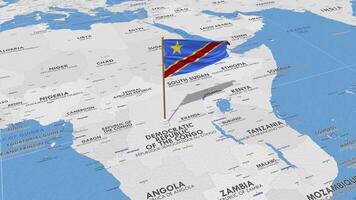 Dr congo bandera ondulación con el mundo mapa, sin costura lazo en viento, 3d representación video