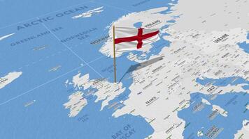 England Flag Waving with The World Map, Seamless Loop in Wind, 3D Rendering video