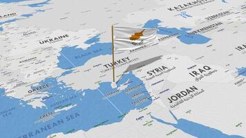 Cipro bandiera agitando con il mondo carta geografica, senza soluzione di continuità ciclo continuo nel vento, 3d interpretazione video