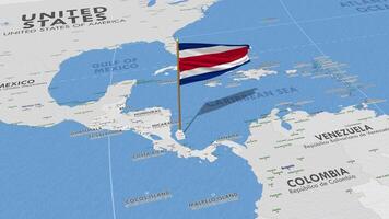 costa rica flagga vinka med de värld Karta, sömlös slinga i vind, 3d tolkning video