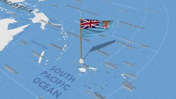 Fiji bandera ondulación con el mundo mapa, sin costura lazo en viento, 3d representación video