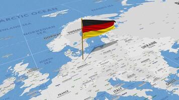 Alemania bandera ondulación con el mundo mapa, sin costura lazo en viento, 3d representación video