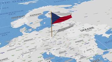 checo república bandera ondulación con el mundo mapa, sin costura lazo en viento, 3d representación video
