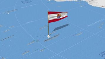 French Polynesia Flag Waving with The World Map, Seamless Loop in Wind, 3D Rendering video