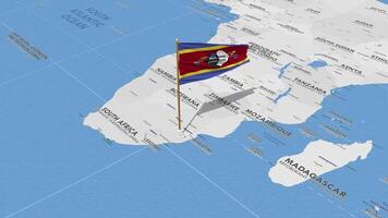 Eswatini Flag Waving with The World Map, Seamless Loop in Wind, 3D Rendering video