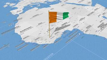 Ivory Coast Flag Waving with The World Map, Seamless Loop in Wind, 3D Rendering video