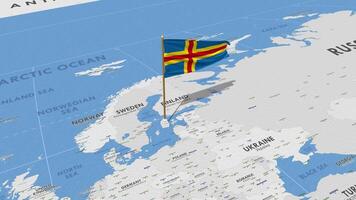 Aland Islands Flag Waving with The World Map, Seamless Loop in Wind, 3D Rendering video