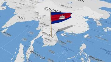 Camboya bandera ondulación con el mundo mapa, sin costura lazo en viento, 3d representación video