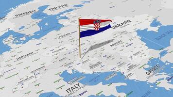 Croacia bandera ondulación con el mundo mapa, sin costura lazo en viento, 3d representación video