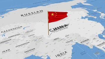China vlag golvend met de wereld kaart, naadloos lus in wind, 3d renderen video