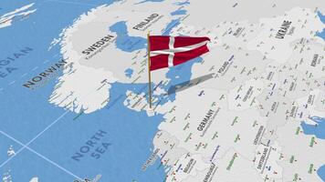 Denmark Flag Waving with The World Map, Seamless Loop in Wind, 3D Rendering video